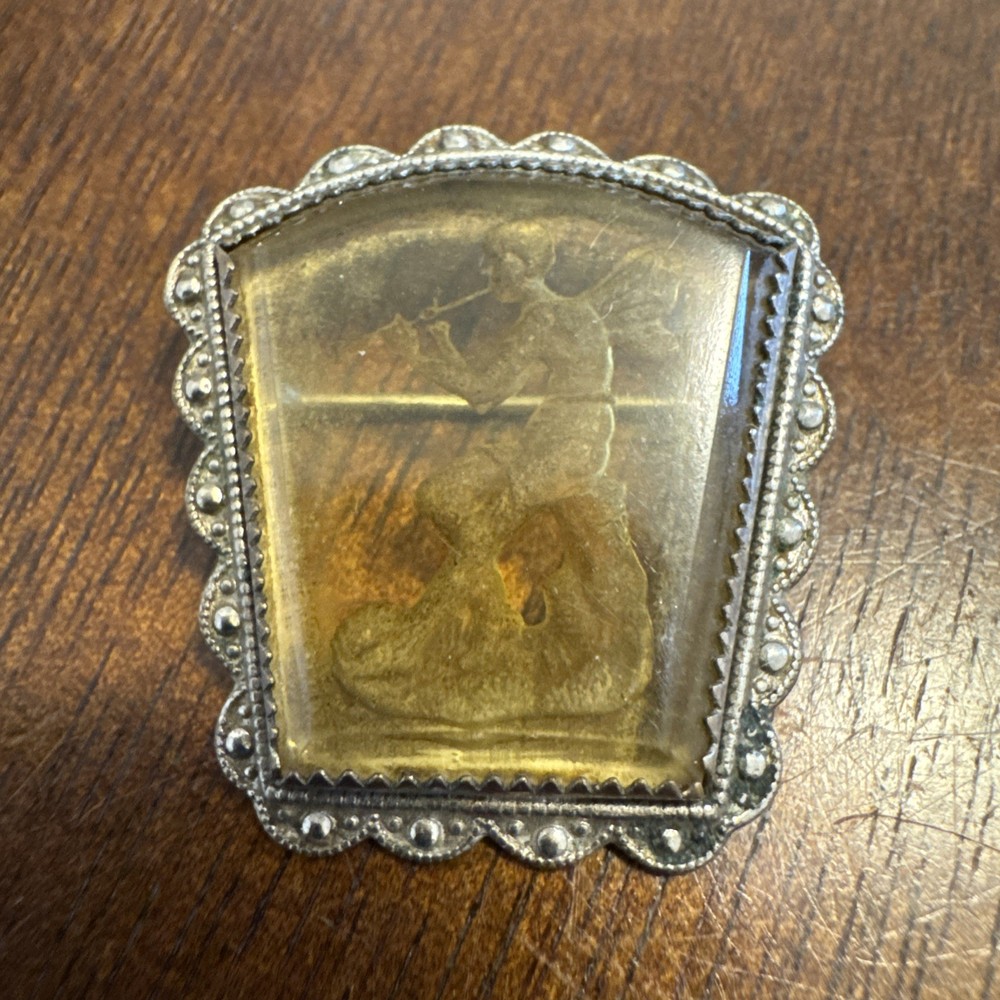 Vintage Carved Resin Fairy Angel Musician Brooch Pin