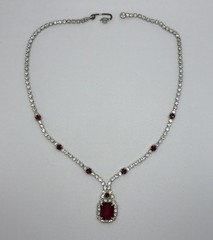 Vintage Faux Ruby White Rhinestone Necklace Silver Tone Wedding Prom Formal 15.5