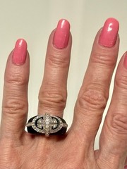 VINTAGE SOLID BLACK ONYX BAND W 925 SS ART DECO CZ DESIGN RING SZ 7
