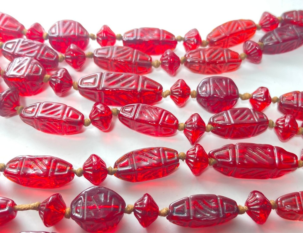 Antique/Vtg Red Czech Glass Bead Necklace Hand Strung Knotted Flapper 56″