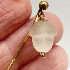 Antique Edwardian Stick Pin Frosted Satin Glass Acorn Dangle Gilt Metal