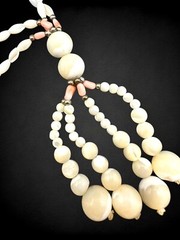 Antique Art Deco Mother of Pearl Angel Skin Coral Sautoir Necklace Fringe Tassel