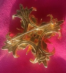 Maltese Cross Gold Tone Ornate Brooch Rhinestone Faux Pearls Signed Graziano