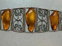 Vintage Soviet USSR Filigree Melchior Panel Bracelet Baltic Amber Honey Cognac