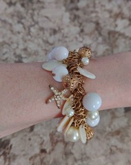 Gold Tone Starfish Statement Bracelet and Earrings Set Nautical Pearl Sea Life