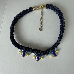 Bee Blue Necklace BRAIDED KNOTTED ROPE 18″ Blue Rhinestone Charm Jewel Bug