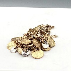 Vintage Chain Bib Necklace with Textured Dangling Discs in Two Tone, Sparkling