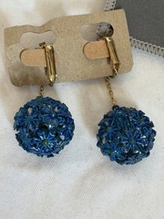 Woman’s 1960’s Earrings Clip Dangling Blue Flower Ball 2 Inch Enamel