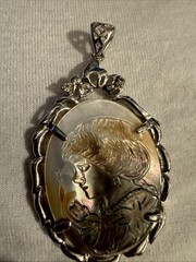 Beautiful Cameo Young Maiden Hand Carved On Abalone Shell In A Golden Setting