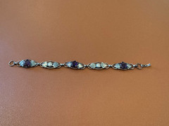 Vtg Antique Gold on Sterling Silver Bracelet w/ Faceted Purple Glass or Stones