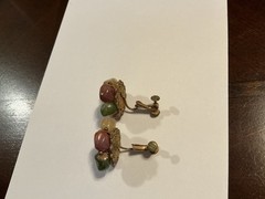 Vtg Signed Miriam Haskell Hand Wired Floral Cluster Clip Earrings Green Cabochon