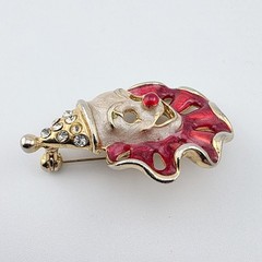 Red White Enamel Goldtone Clown Pin Rhinestones 2″