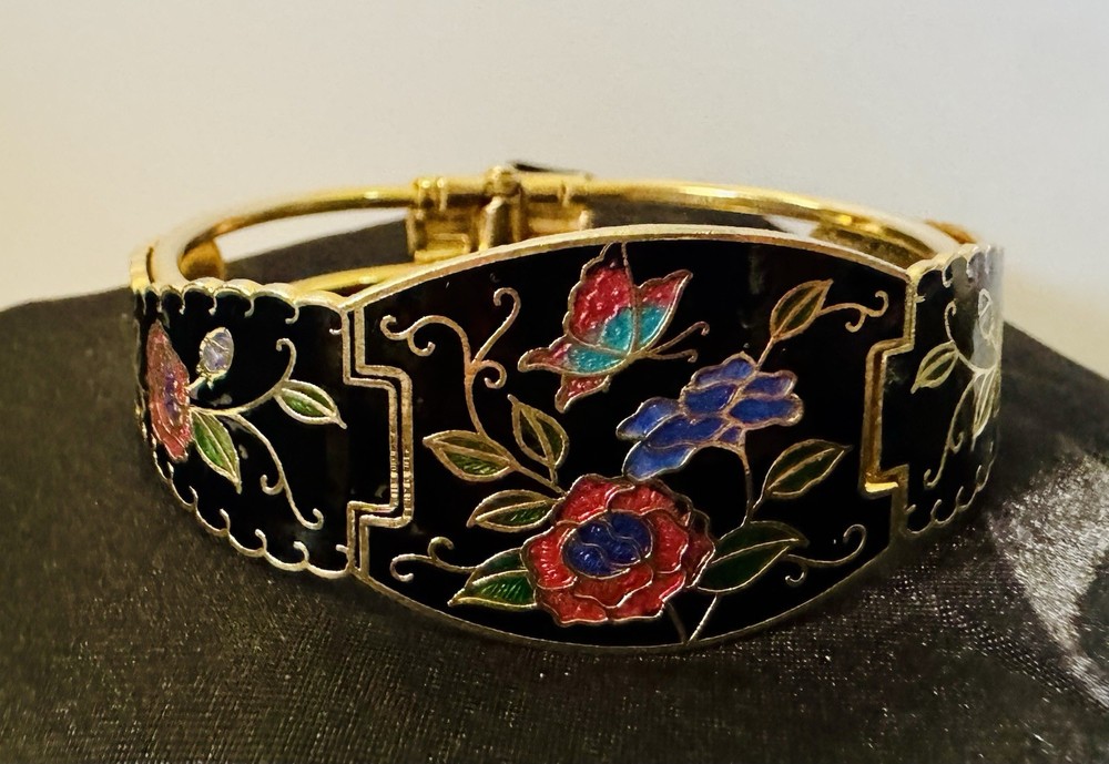 Vtg Cloisonné Floral Bangle Bracelet Black Enamel Gold Tone Hinged Butterfly