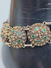 Antique Dutch 833 Silver Filigree Bracelet Green Glass Art Deco S-Hertogenbosch