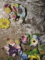 Vtg Jewelry Lot Signed English Fine Bone China Flower Art Brooch Earring Garden