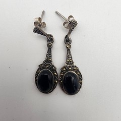 FAS Vintage Deco Sterling Silver Black Onyx Marcasite Dangle Drop Earrings 925
