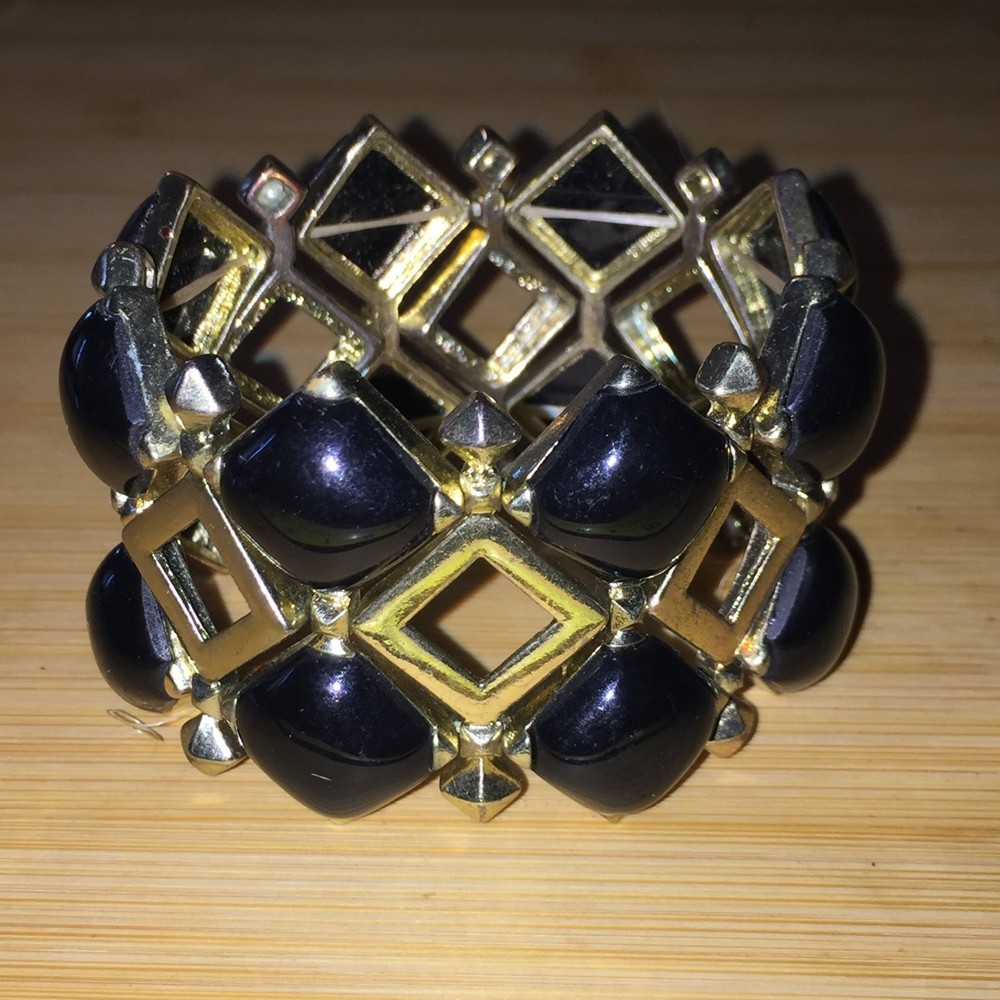 Vintage Geometric Stretch Bracelet Gold Tone Black Acrylic Art Deco Career