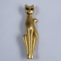 Vintage AJC Green Eyed Cat Brooch Matte Gold Tone Pin