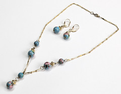 Vintage Gold Tone Blue Cloisonne Beaded Pendant Y-Drop Necklace & Earrings Set