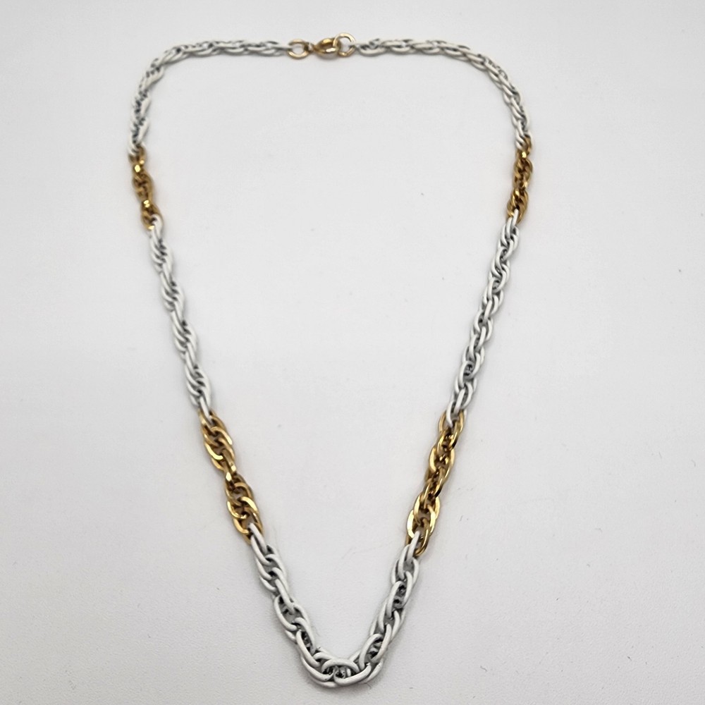 Vintage Gold & White Tone Enamel Choker Necklace 15.5″ Twisted Triple Link Chain