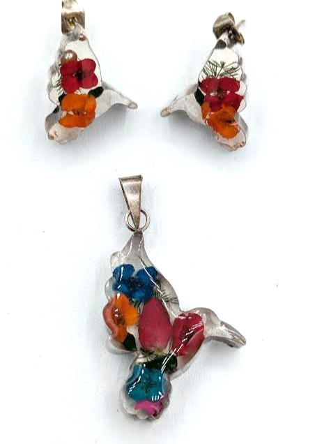 Vintage Pendant Earring SET Hummingbirds Sterling Silver Dried Flower