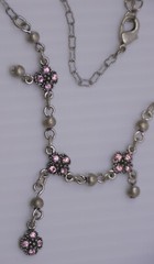 L – VINTAGE 1928 NECKLACE WITH PINK STONES, DANGLE, 17 INCHES
