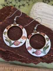Vintage Cloisonne Earrings White Floral Circles Wired Pierced Dangles Gold Tone