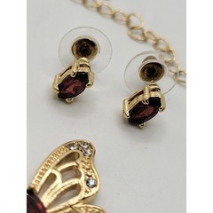 Garnet Butterfly Pendant Necklace Stud Earrings Set Goldtone Crystal Rhinestones