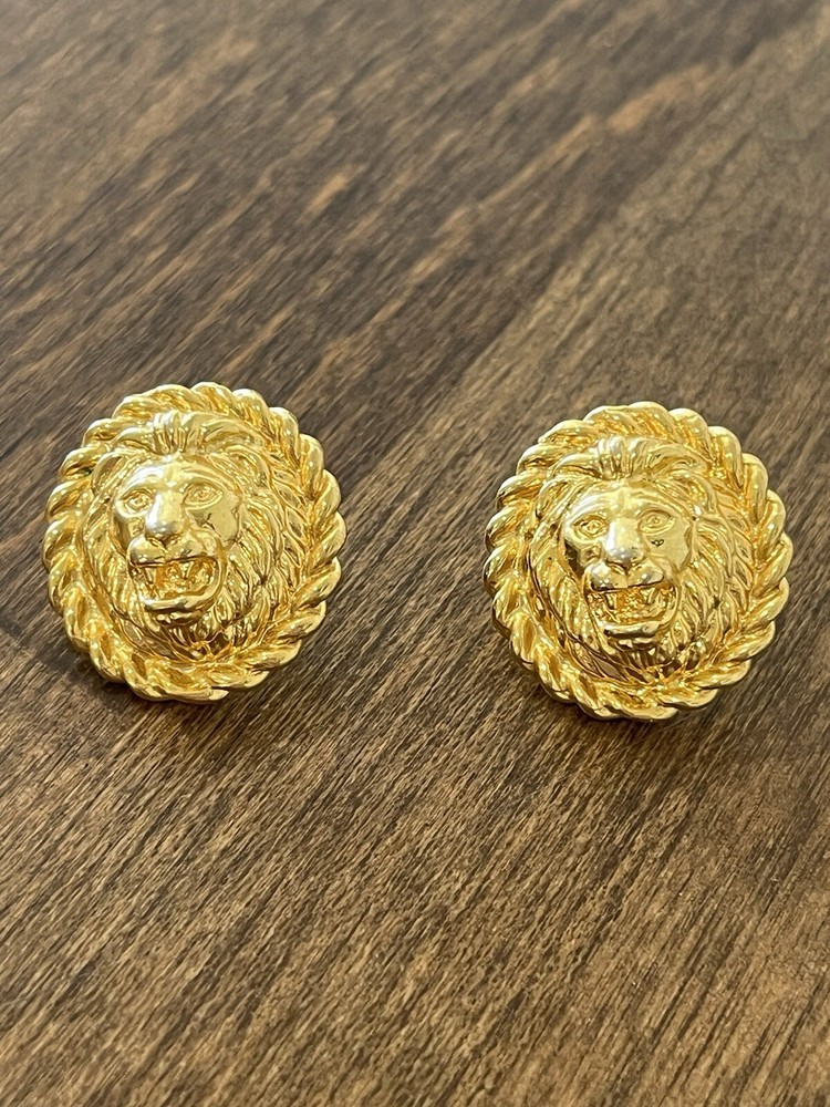 Anne Klein Vintage Lion Face Stud Button Earrings Gold Tone Rope Detail Signed
