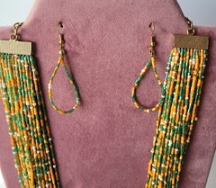 Vtg Orange Green Multistrand Boho Seed Bead Necklace & Earrings Set