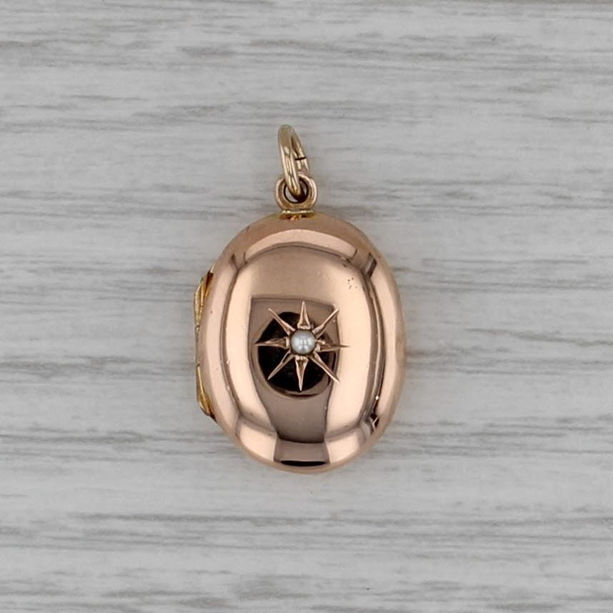 Vintage 9k Rose Gold Seed Pearl Locket Pendant Charm Fob Opens