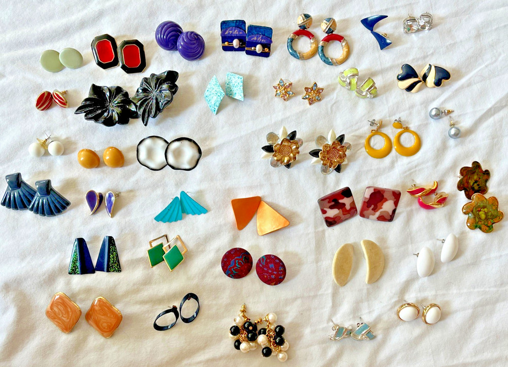 Vintage Colorful Pierced Earrings Lot Of Over 30 Pairs! Retro 70s & 80s Unique!