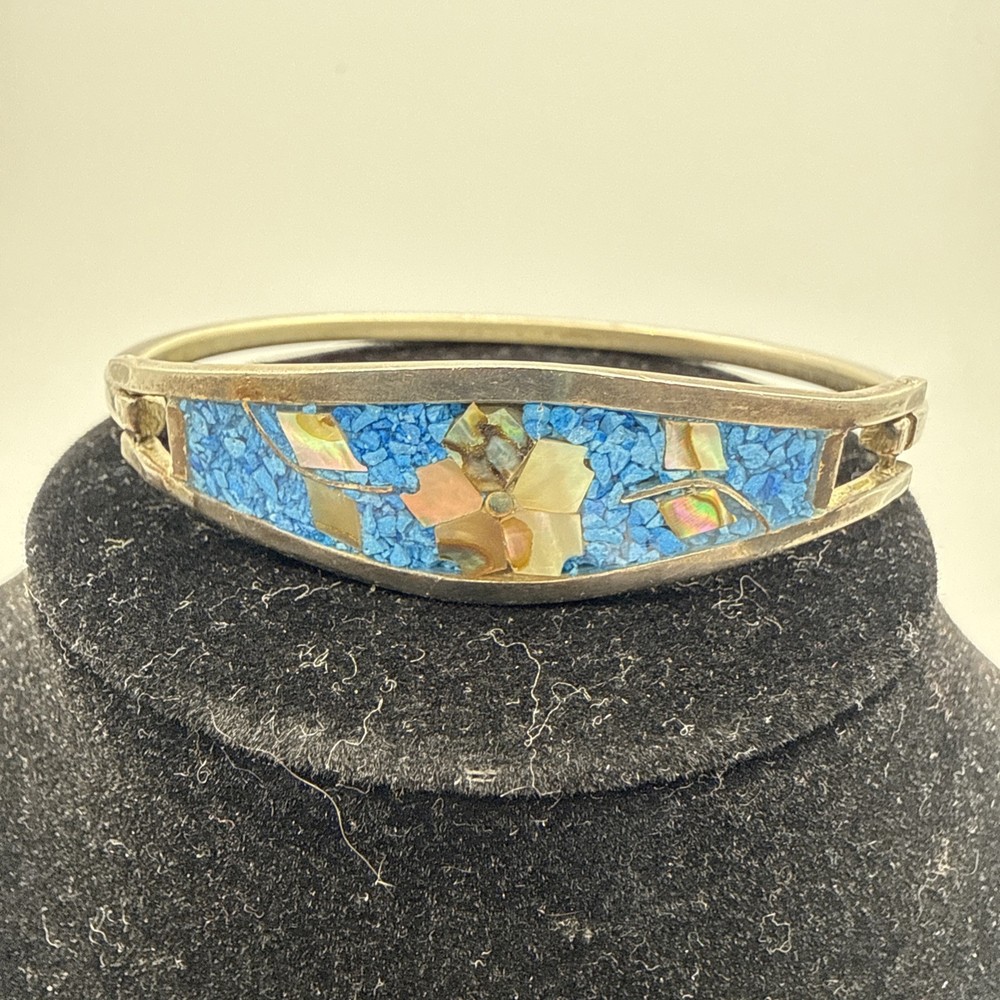 Vintage Silver Tone 6-3/4” Bracelet Abalone And Mini Blue Stone Inlay Jewelry