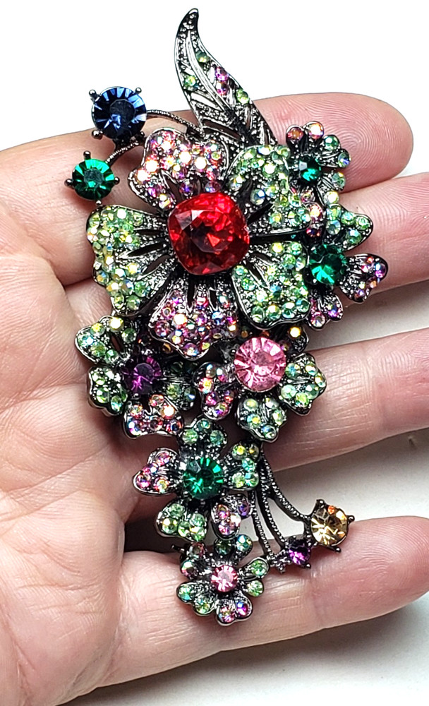 Vintage 3.5 Rhinestone Floral Pin Blackened Silver Tone signed