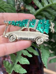 AJC Large Christmas Brooch Bringing Home the Tree with Car Gold Tone and Enamel