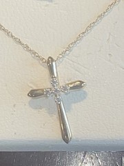 Vintage Small 10K Solid Gold Cross Pendant With Diamonds & Thin Chain NEW