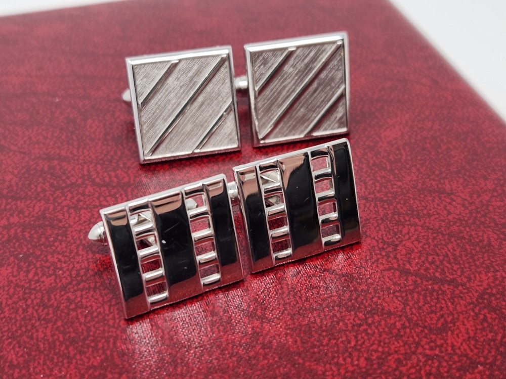 Lot of 2 Pairs of Vintage SWANK Silver Tone Square Cufflinks, Bullet Back Modern