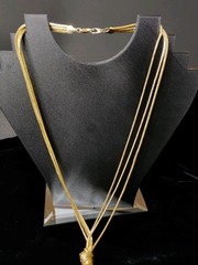 Vtg Silky Gold Tone Lariat Knot Tassel Chain Fringe Necklace Triple Strand 23 In