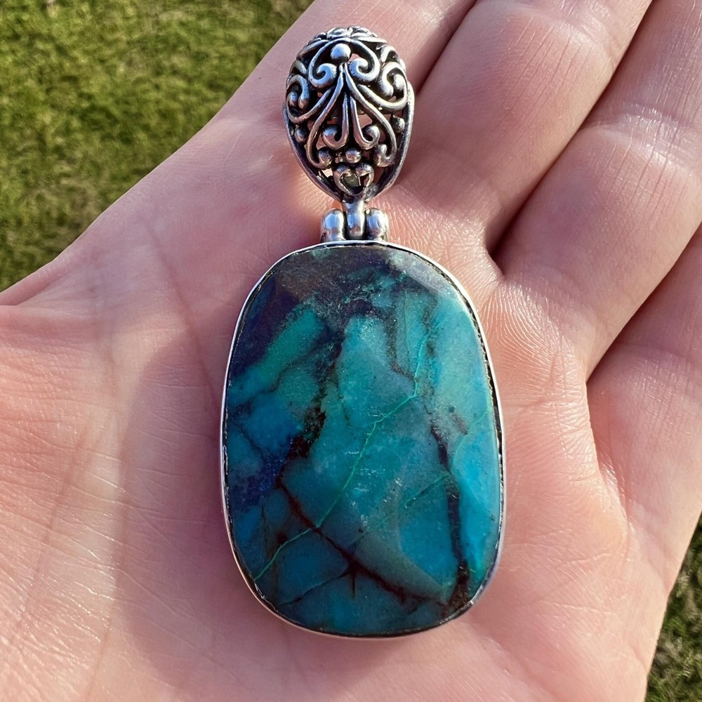 Huge Vintage Women’s Jewelry Silver 800 Pendant Natural Chrysocolla Stone 16.7gr