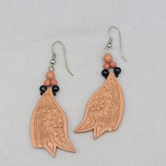Vintage Hand Tooled Leather Pierced Earrings Wood Bead Artisan 2″