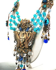 Czech Art Glass Necklace Gold Egyptian Motif Blue Drops Statement Jewelry