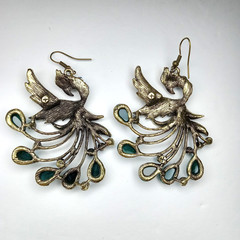 Boho Antique-Bronze Peacock Dangle Statement Earrings Turquoise Rhinestone Drops