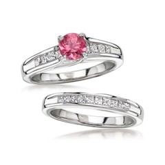 Vint Pnk Tourmaline & Diamond Bridal Set: Engagement & Wedding Rings in 14k