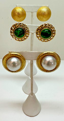 VINTAGE 3 PAIR CAROL LEE GOLD TONE GREEN GLASS FAUX PEARL, CLIP ON EARRINGS