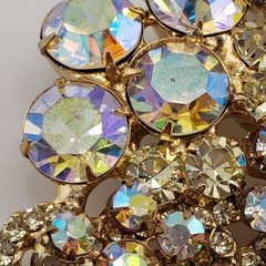 Vintage Rhinestone Brooch Aurora Borealis Yellow Marquise Gold Tone Fan Shape