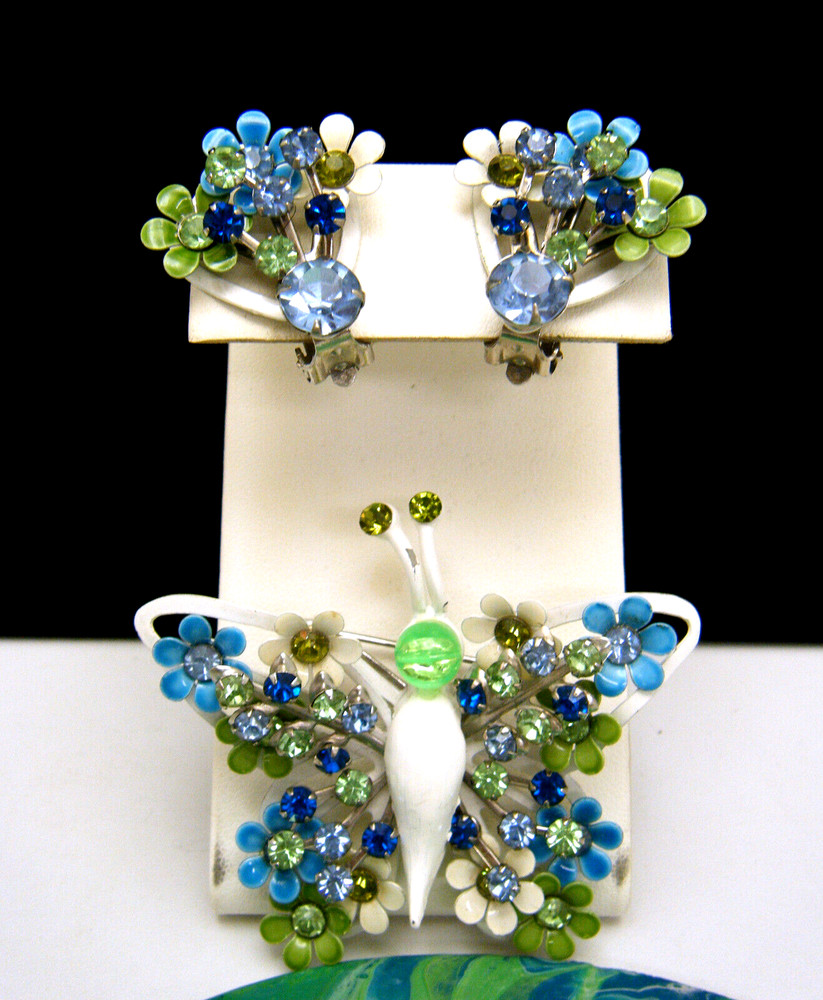 Vintage 1960s Enamel Rhinestone Butterfly Brooch Earrings Set Layered Flowers