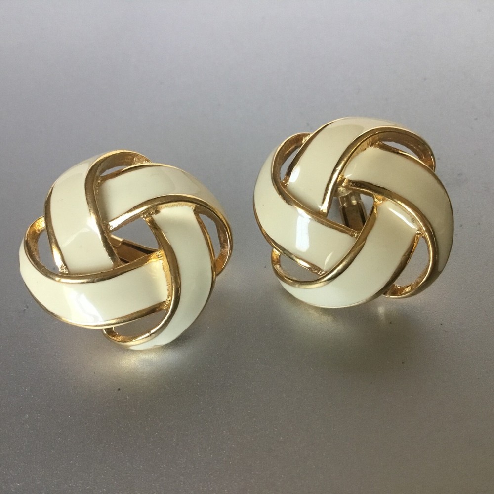 Vintage NAPIER Clip On Screw Back Earrings Gold Tone Cream Enamel Love Knot