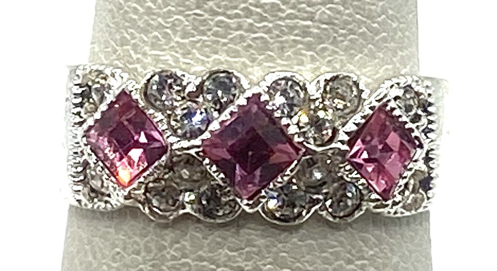 Vintage Serling silver Pink & Clear Sparkle CZ Cocktail Band Ring Size 5.5
