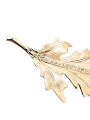 Vintage Gold Tone Cream Color Enamel Leaf Brooch Pin Rhinestone Center Garden