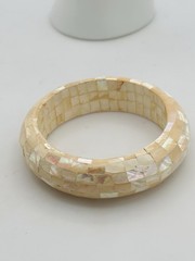Vintage Mother of Pearl Mosaic Bangle Bracelet Cream Ivory Shell Wide Statement